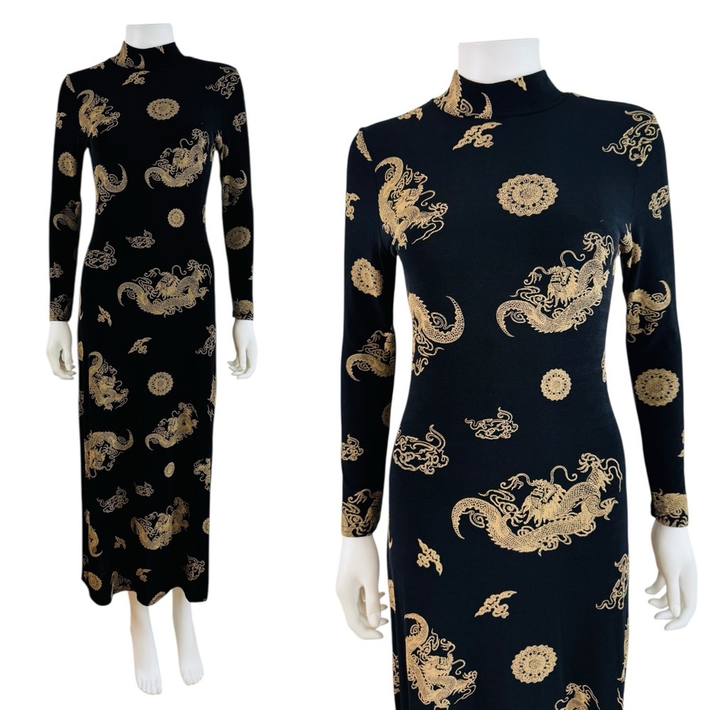 Elegant Black and Gold Dragon Print Dress
